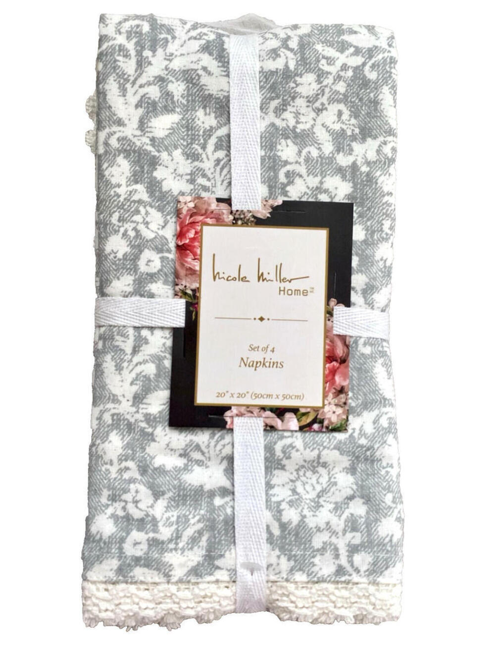 NWT Nicole Miller 4-Piece Gray Angelica Lace Napkins Set of 4 Cotton 20x20 India